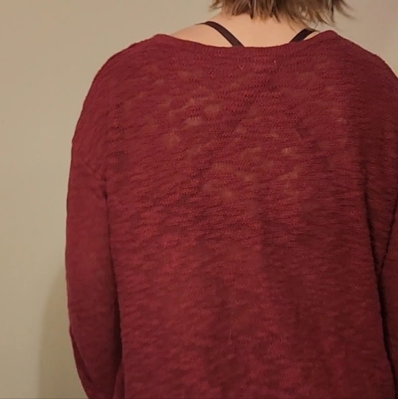 Burgundy Knit Sweater with Lace-Up V-Neck - Picture 5 of 7